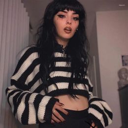Women's Sweaters Women Y2K Cropped Sweater Gothic Stripe Pattern Round Collar Long Sleeve Loose Pullover Top Korean Style Harajuku Knitwear