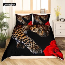 Leopard Comforter Cover King Queen Full Cheetah Bedding Set African Savanna Animal Duvet Cover Rose Flower Polyester Quilt Cover 240306