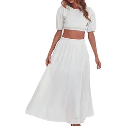 Casual Dresses Women Eelgant High Waist Two Piece Beach Dress Summer Fashion Backless Shirring White Long Female Party Maxi