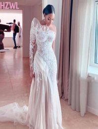 Retro Lace One Shoulder Mermaid Wedding Dresses Saudi Arabia Illusion Long Sleeve Tulle Sweep Train Bridal Gowns 2021 Spring6521961