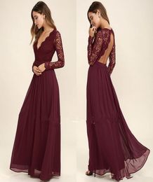 Burgundy Lace Country Long Sleeve Bridesmaid Dresses Modest Lace Chiffon Keyhole Back Plus Size Junior Bridesmaid Dress Cheap9427686