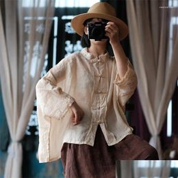 Womens Blouses Shirts Johnature 2024 Autumn Woman Chinese Style Washing Vintage Linen Shirt Long Sleeves Retro Loose O-Neck Solid Colo Otnof
