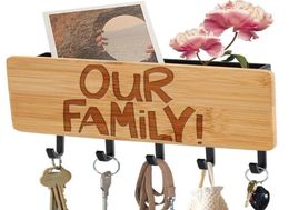 Hooks Rails Our Family Engraved Personalised Bamboo Key Rack WallMounted Sundries Storage Holder 5 Home Wall Decor Hanger8344754