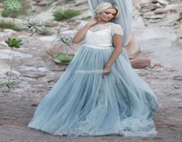 Light Blue Firaly Beach Wedding Dresses White Lace Sheer op Short Sleeve Tulle Aline Two Toned Bridal Dresses Coloured Wedding Gow4136010