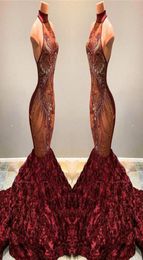 2022 Stunning African Mermaid Prom Dresses Burgundy Long High Neck Beading Crystal Ruffles Flowers Women Sexy Pageant Party Gowns 6347115