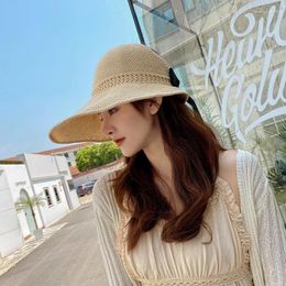 Berets Summer Sunscreen Bow Straw Hats Women Travel Beach Empty Top Big Brim UV Protection Solid Colour Foldable Lady