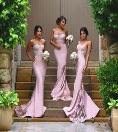 Spaghetti Straps Lace Satin Bridesmaid Dresses Skirt Train Lace Appliques Blush Pink Mermaid Cheap Prom Dresses Bodycon Evening Dr1415747