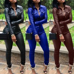 5 Colour S-XXXL Winter Overalls PU Leather shirtPencil pant tracksuit fashion sexy women set two pieces Jumpsuit casual Outfits240311