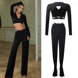 Stage Wear Latin Dance Tops Pants For Women Long Sleeves Practise Training Clothing Cha Rumba Samba Ballroom Clothes DNV18540