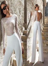 Sexy backless Jumpsuit Wedding Gowns 2022 Sheath Jewel Neck Bling Bling Sequins Long Sleeve Plus Size Bridal Party Dresses Vestido3585003