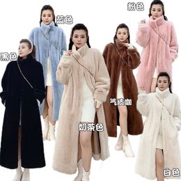 Women's Long Velvet Korean Haining 2023 Winter New Stand Up Neck Slim Fit Fashion Plush Thickened Fur Coat 6028