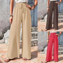 Women's Pants 2024 Spring And Summer Fashion Wide Leg Solid Colour Versatile Casual Trousers Drawstring Elastic Waist