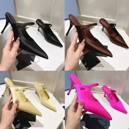 Satin high heeled mules Black 1I483N style plays with bold elongated lines that run from pointy upper 24ss new runway style sandals Pointed high heels 35 42