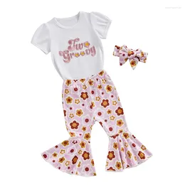 Clothing Sets Baby Girls Outfit Ghost Flower Print Long Sleeve Crew Neck T-shirt With Flare Pants Headband Summer