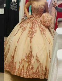 Rose Gold Appliques Ball Gown Quinceanera Dresses Sweetheart Short Sleeves Lace Up Back Plus Size Graduation Dress Girls Prom Gown2955640