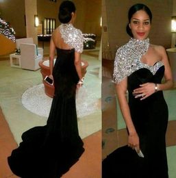 Dubai 2018 Elegant Black Mermaid Prom Dresses High Neck Beaded Rhinestone Backless Sweep Train Formal Evening Party Gowns Wear Che7900694