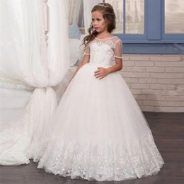 White Flower Girl Dresses Tulle Puffy Lace Appliques Short Sleeve For Wedding Birthday Party First Communion Gowns 240306