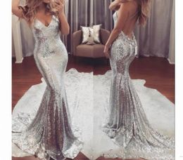 Sexy Silver Sequin Evening Dresses Long V Neck Cheap Party Gowns Backless Sweep Train Formal Prom Dress for Women 2964565