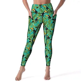 Women's Leggings Tropical Birds Print Yoga Pants Sexy Green Leaves Printed High Waist Running Leggins Women Casual Elastic Sport Legging