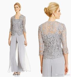 Elegant Silver Mother Of The Bride Pant Suits Plus Size Groom Mother Evening Party Suit Chiffon Trousers Outdoor Lace Wedding Gues9090296