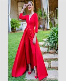 2019 Elegant Red Satin Jumpsuits Evening Dresses Floor Length Prom Dress Custom Long Sleeves Backless Party Formal Gown robe de so5062328