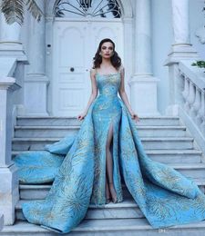 Blue Gorgeous Evening Gowns With Detachable Train Square Neck Sparkly Beaded Side Split Sweep Train Prom Dress Custom Made Arabic 7282143
