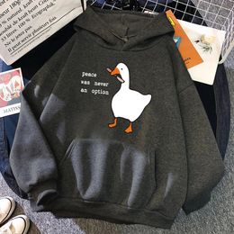 Peace Was Never An Option Goose Printing Mens Long Sleeves Cute Casual Pullover Creativity Pocket Warm Clothes Male Sweatshirts 240307