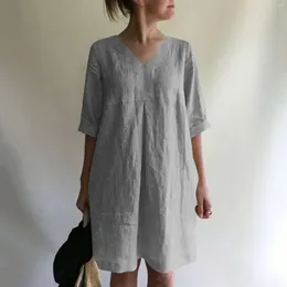 Casual Dresses Cotton Linen Women Fashion Solid Colour Button V Neck Short Sleeve Shirt Dress Korean Style Clothes Vestidos