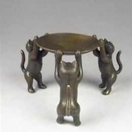 Chinese Bronze Plate Cats Animal 3 Cat oil lamp Candle Holder Candlestick statue213Z