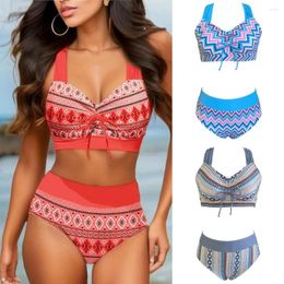 Women's Swimwear Retro Print Bikini Set Printed With V-neck Bra High Waist Off Shoulder Bow Beach Swimsuit For Women Sexy