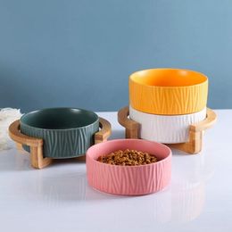 6 inch Ceramic Cat Bowl with Wood Stand No Spill Pet Food Water Feeder Cats Small Dogs 400ml White225Q
