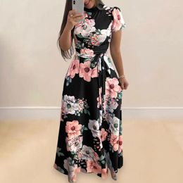 Casual Dresses Short Sleeves Maxi Dress Floral Print With Mock Collar Belted Waist Women's A-line Swing For Summer Spring