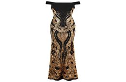 Angelfashions Women039s Off Shoulder Gold Floral Pattern Sequins Column Sheath Evening Dress Prom Gown Party Black Gold 4079047318