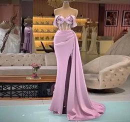 Sexy Pink Light Sky Blue Off Shoulder Mermaid Prom Dresses High Side Split Pearls Formal Evening Party Gowns For Women Satin Cockt3914242