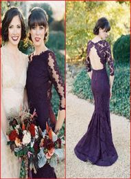 2015 Purple Lace Long Bridesmaid Dress Sheer Half Sleeve Open Back Elegant Mermaid Formal Dresses Evening Gowns Custom made8841667