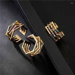 Cluster Rings BUY 2024 Multilayer Geometric Open Ring Gold Colour Copper CZ Wedding For Women Engagement Jewellery Gift