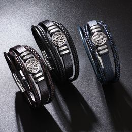 Leather Scripture Compass Charm Bracelet Hand Woven Multilayer Bracelets Bangle Cuff Wristband for Men Hip Hop Jewelry