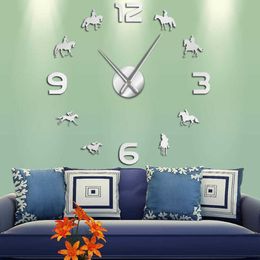 Horse Racing DIY Giant Wall Clock Racehorses Riding Silhouette Wall Art Decor Frameless Mirror Effect Wall Watch Gift For Jockey X246E