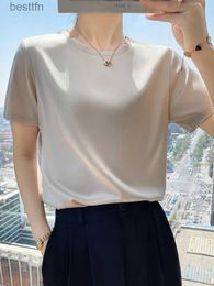 Women's T-Shirt Summer T-shirts Woman O Neck Short Sles Tees Satin Klein Blue Champagne Solid Colour Loose Womensoversized T Shirt Silk Tops 240311