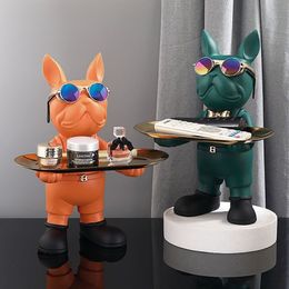 French Bulldog Butler Nordic Resin Dog Sculpture with Glass Modern Home Decor for Tabletop Living Room Animal Crafts Ornament 2202284Z