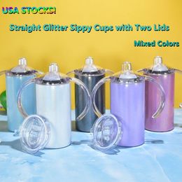 Local Warehouse Sublimation Glitter 12oz Sippy Cups Mugs with Two Lids White Blanks Straight Kid Tumblers Stainless Steel Double 260T