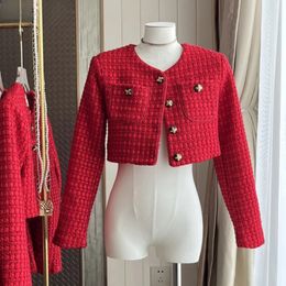 High Quality Chic Autumn Winter Red Woolen Short Jacket Coat Sweet Fashion Women O Neck Single Breasted Tweed Weave Cropped Tops 240229