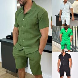 Solid color two-piece mens clothing 2023 summer new street clothing set short sleeved lapel button up shirt and casual shorts set mens clothing 240311