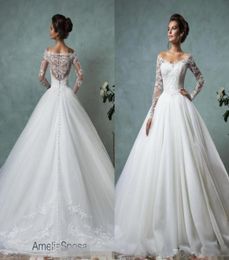 Vintage 2020 Amelia Sposa Wedding Dresses Long Sleeve VNeck Appliques Lace Wedding Bridal Gowns Party Dress1045566