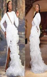 2022 New White Mermaid Evening Dresses Plus Size Long Sleeves Side Slit Ruffles Organza Formal Marriage Prom Bridal Gowns Robe De 2947717