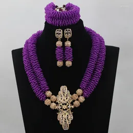 Necklace Earrings Set Nigerian Crytal Beads Jewelry For Women Purple Bib Statement Seed Design WD552