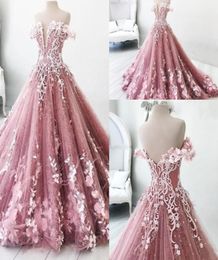 2022 Pink Princess Evening Dresses Wear Long Off The Shoulder Appliques Lace Crystal 3D Floral Flowrs Feather Prom Gowns Quinceane8868116