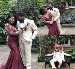 Sexy Maroon Shinny Mermaid Prom Dress 2019 Black Girl See Through Formal Evening Party Gown Sequined Appliqued Pageant Gown8764121