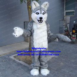Mascot Costumes Long Fur Furry Grey Wolf Husky Dog Fursuit Mascot Costume Adult Cartoon Outfit Large Family Gathering Showtime Stage Props Zx397
