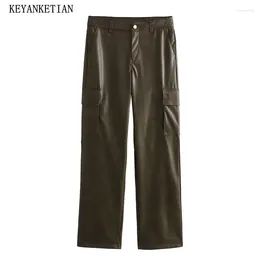 Women's Pants KEYANKETIAN Autumn/Winter Artificial Leather Trousers Pockets Fashion Zip-up High-Waisted Straight-Leg Slim